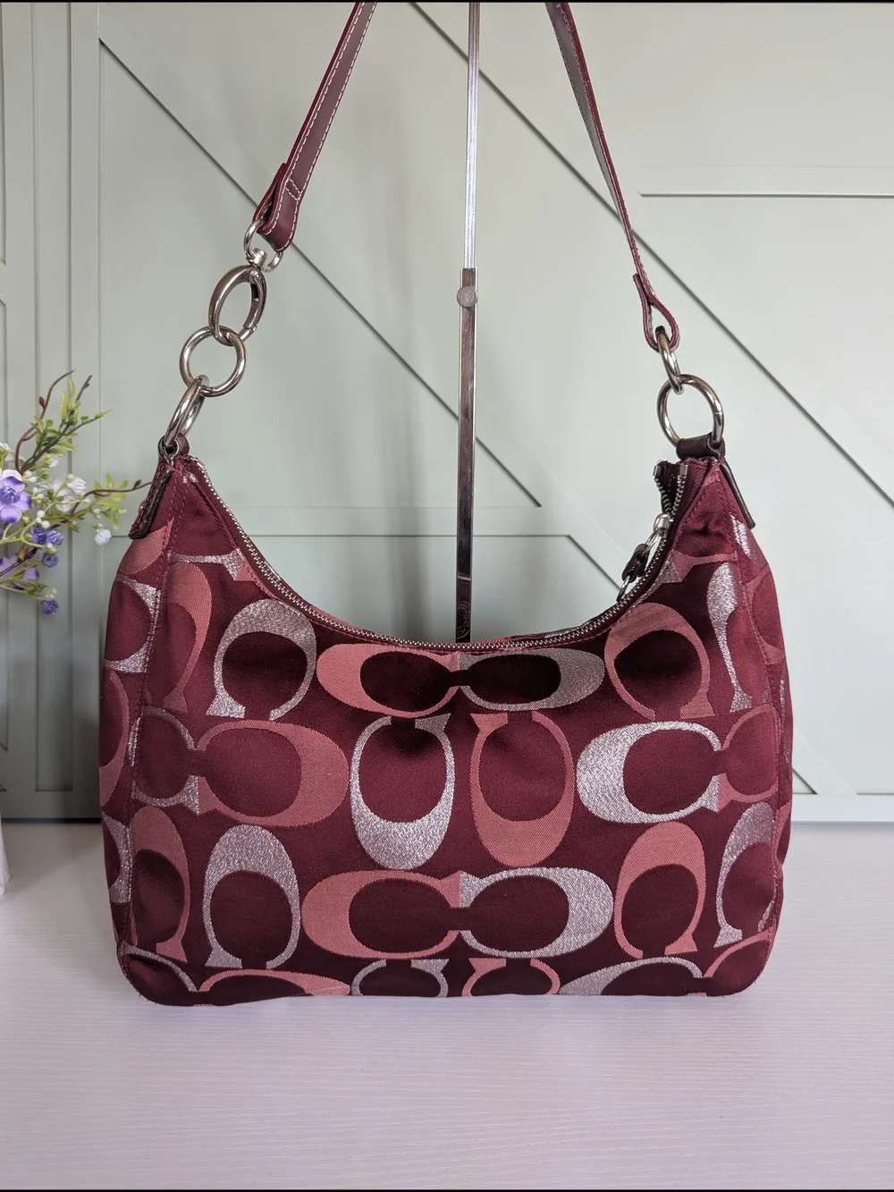 Coach Women's Maroon Signature Hobo Shoulder Bag